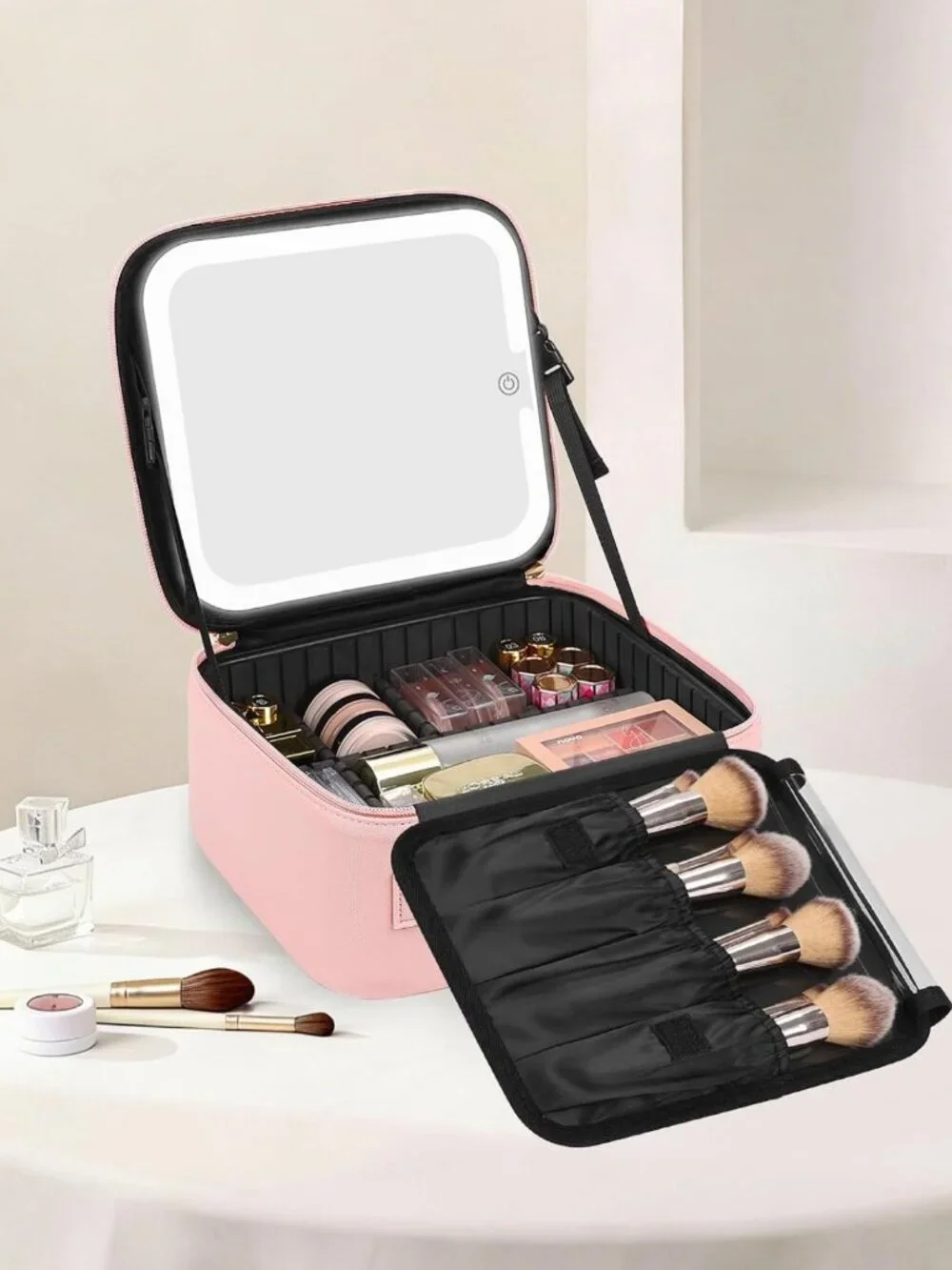 LED Makeup Bag with Mirror, Pink Cosmetic Organizer, Removable Brush
